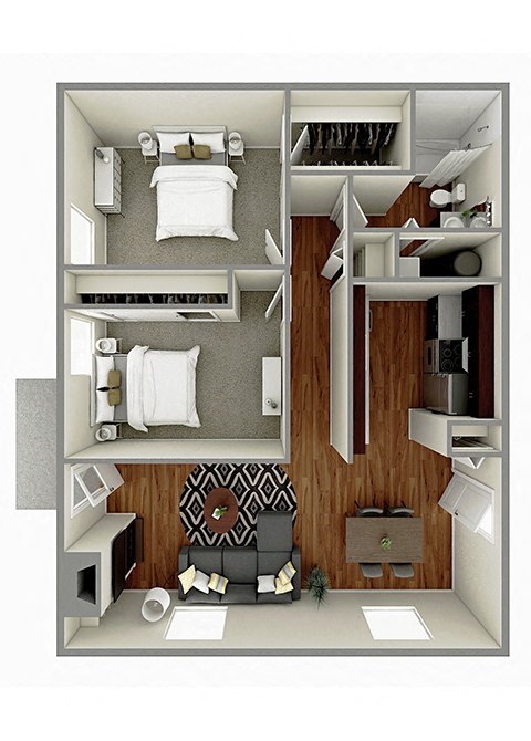 Floor plan for 2 beds, 1 bath, 880 sqft